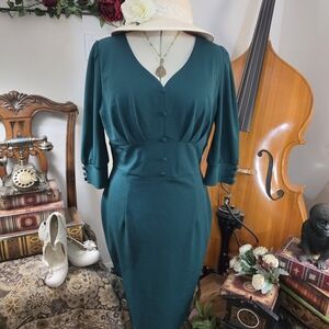 Vintage-Style Teal Sheath Dress - Elegant V-Neck Women’s Dress